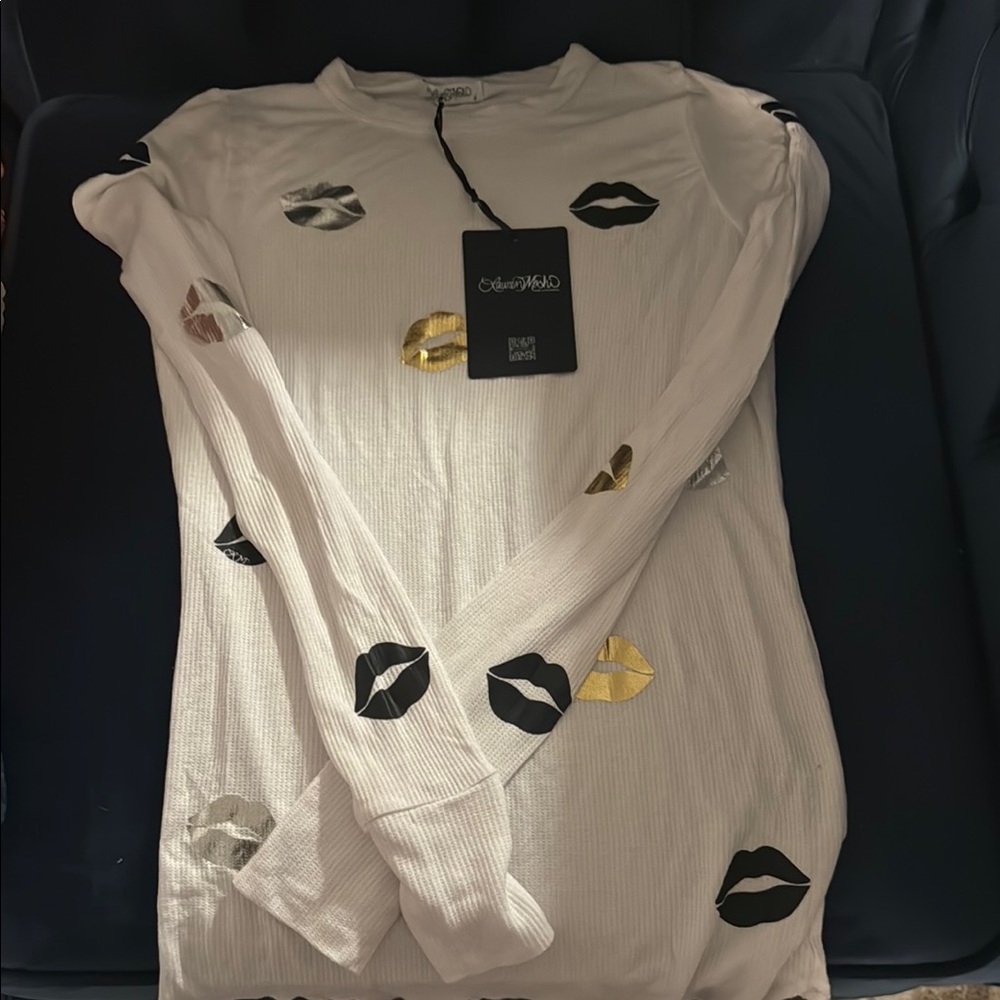 Lauren Moshi White Graphic Blouse with Mandarin Collar - Picture 2 of 5